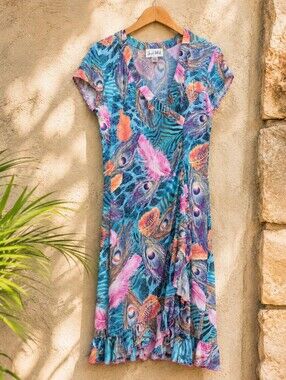 🇨🇦 Joseph Ribkoff Peacock Feather Wrap Midi Dress Ruffle Hem Stretch Size 14